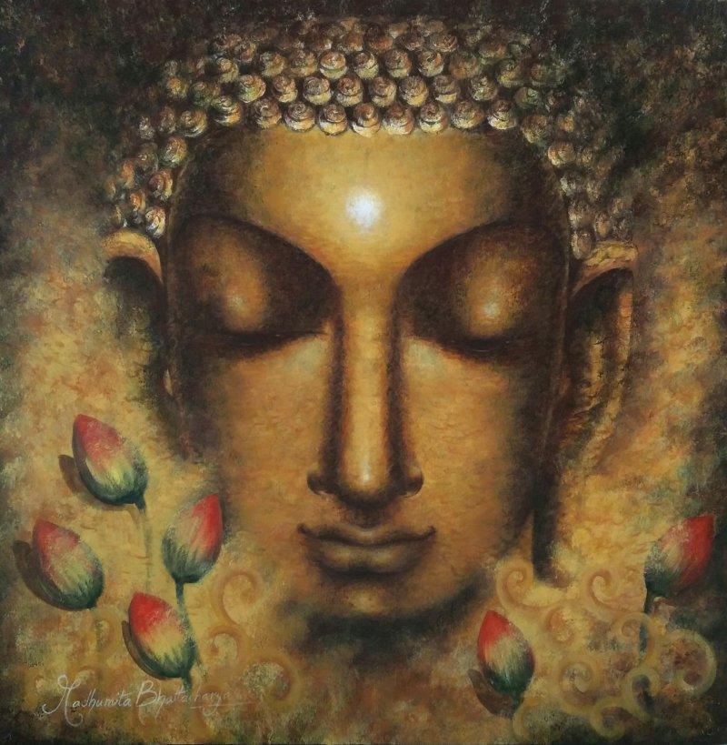Religious acrylic painting titled 'Meditating Buddha II', 30x30 inches, by artist Madhumita Bhattacharya on Canvas