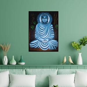 Preview of 'Meditating Buddha' Painting by Ramesh Patel shown on a wall in a furnished room.
