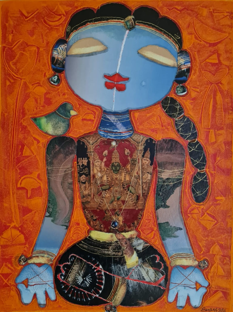 Meditating Girl' meditation mixed-media painting by artist G Subramanian, 24x18 inch, on canvas