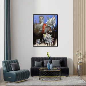 Preview of 'Meditation (Lord Divine Melody)' Painting by Pradeep Kumar shown on a wall in a furnished room.