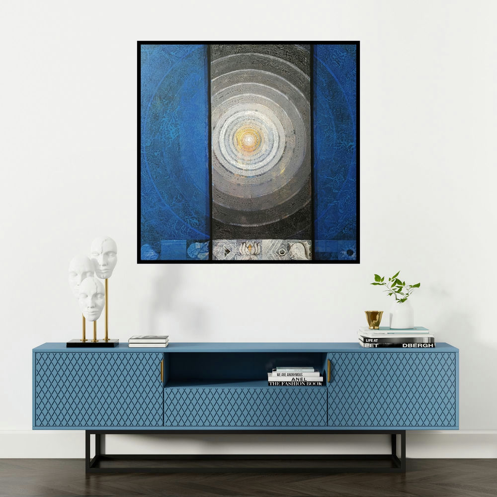 'Meditation 177 (The Eye of the Universe)' painting by Nilesh Nikam shown on a wall in a furnished room.