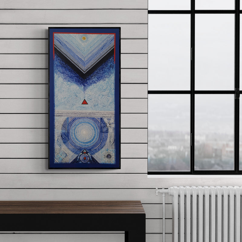 Preview of 'Meditation 185 (Celestial Contemplation)' Painting by Nilesh Nikam shown on a wall in a furnished room.