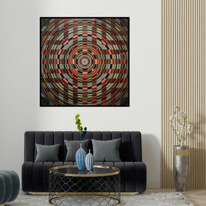 Ghanshyam Gupta's 'Meditation 4 (Optical Illusion)' painting visualized above a sofa in a contemporary room.