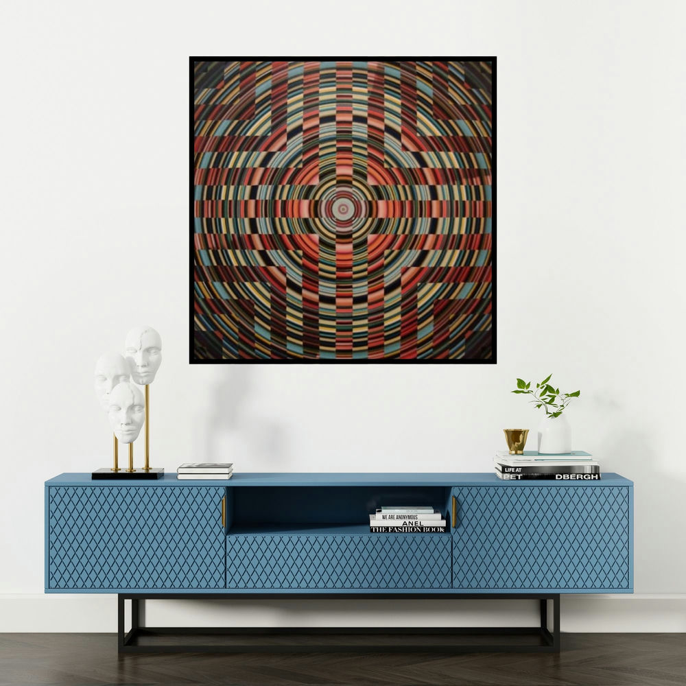'Meditation 4 (Optical Illusion)' painting by Ghanshyam Gupta shown on a wall in a furnished room.