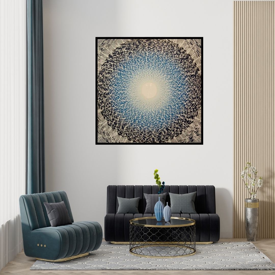 Preview of 'Meditation 5 (Infinite Depths)' Painting by Ghanshyam Gupta shown on a wall in a furnished room.