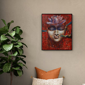 Preview of 'Meditation (Buddhas Enlightenment)' Painting by Jiban Biswas shown on a wall in a furnished room.