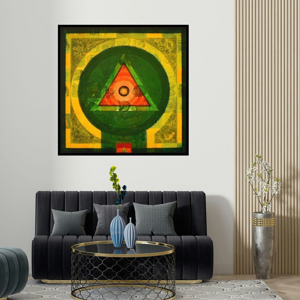 Nilesh Nikam's 'Meditation 61 (The Cosmic Seed)' painting visualized above a sofa in a contemporary room.