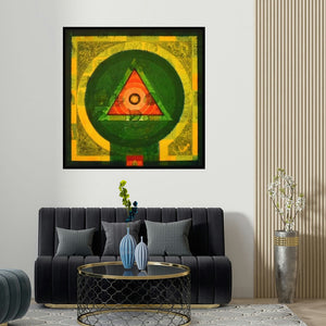 Nilesh Nikam's 'Meditation 61 (The Cosmic Seed)' painting visualized above a sofa in a contemporary room.