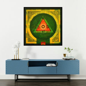 'Meditation 61 (The Cosmic Seed)' painting by Nilesh Nikam shown on a wall in a furnished room.