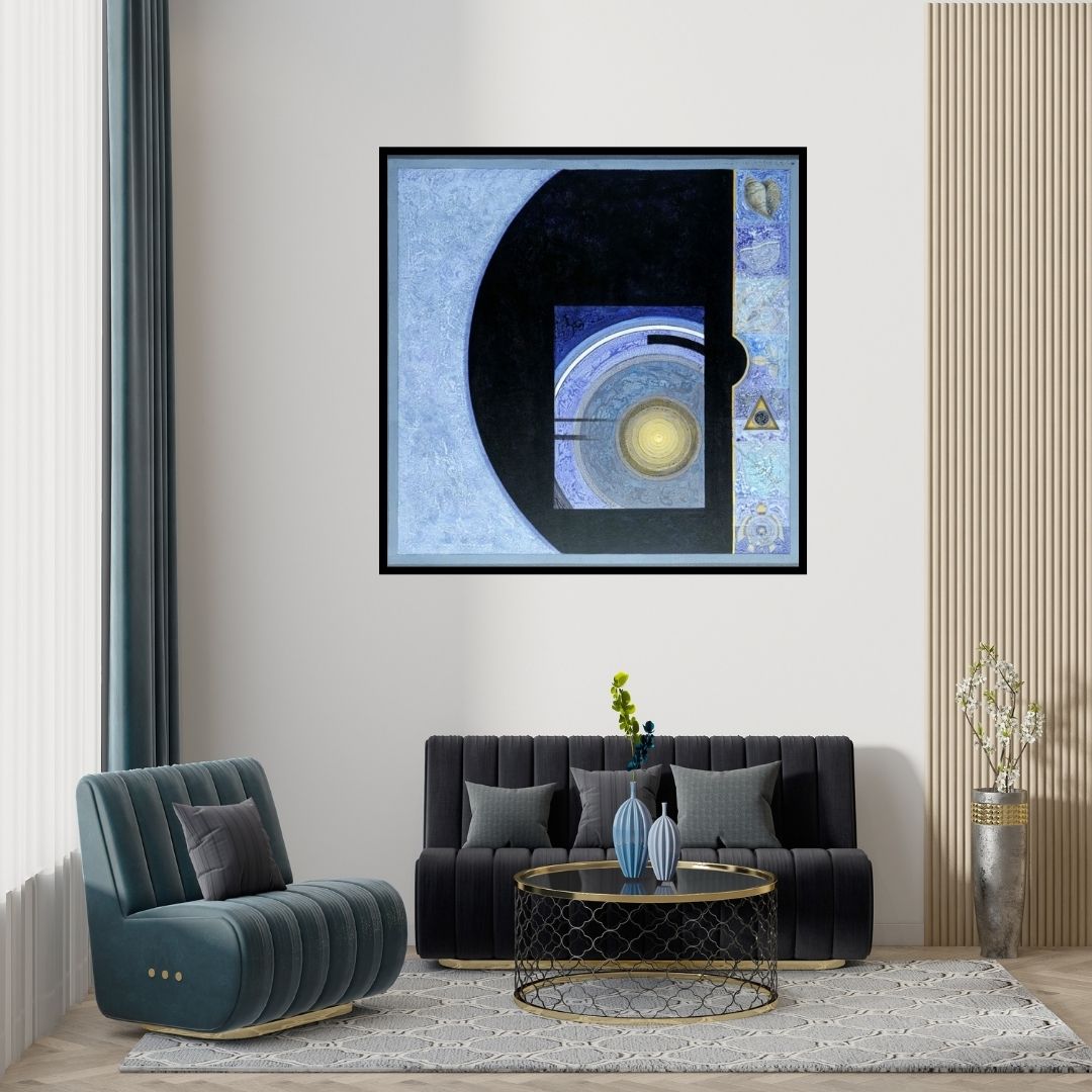 Preview of 'Meditation 91' Painting by Nilesh Nikam shown on a wall in a furnished room.