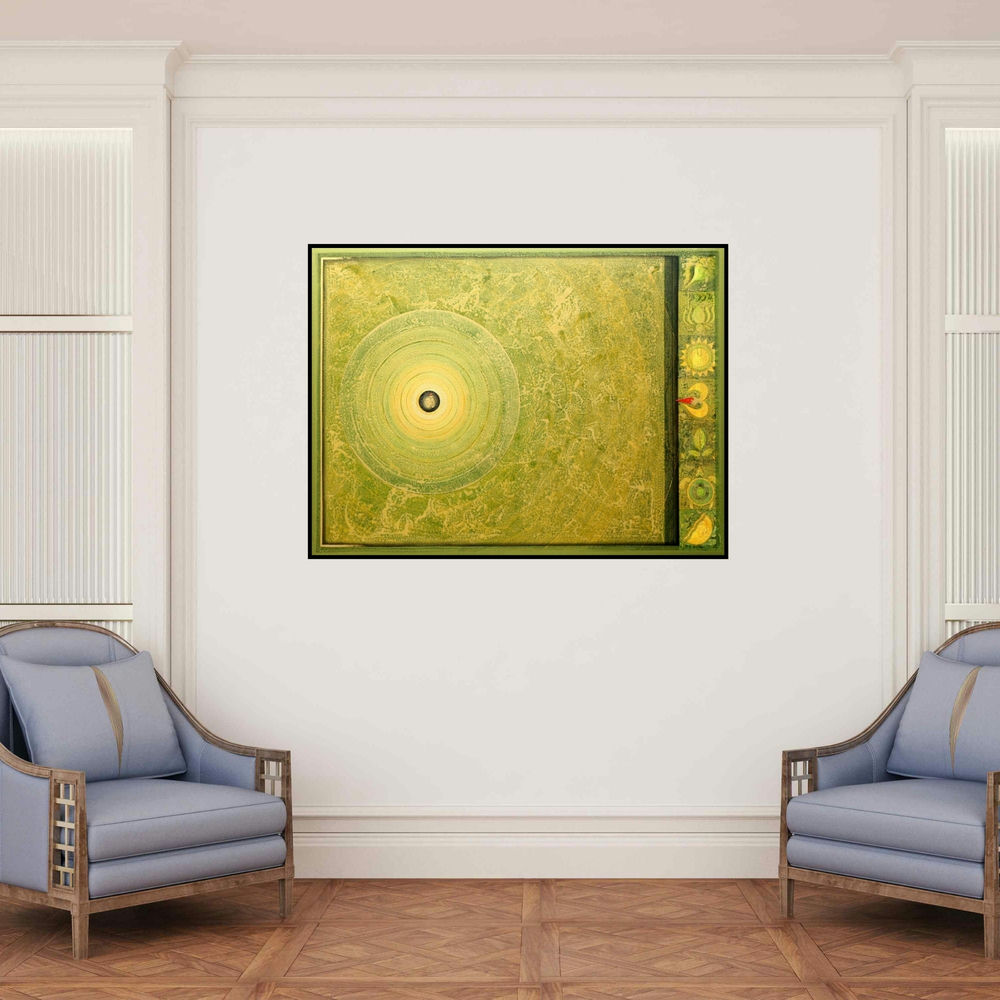 'Meditation 92 (Green Mandala with Indian Symbols)' painting by Nilesh Nikam shown on a wall in a furnished room.