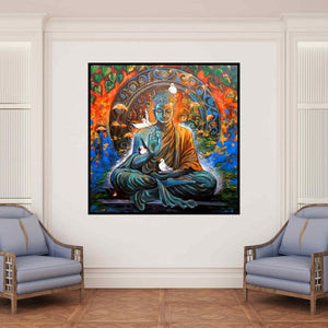 In-situ view of Arjun Das's 'Meditation Buddha (Krishna's Divine Manifestation)' painting in a room