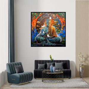 Preview of 'Meditation Buddha (Krishna's Divine Manifestation)' Painting by Arjun Das shown on a wall in a furnished room.