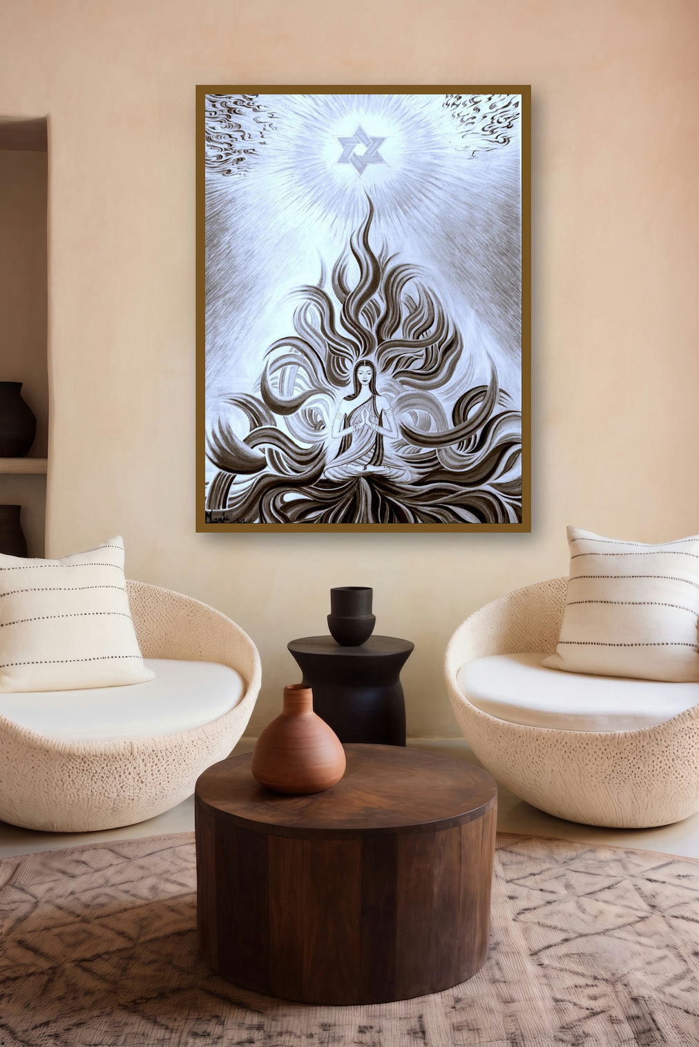Meditation B/W (Inner Illumination) by artist Manju Lamba displayed in a Modern gallery