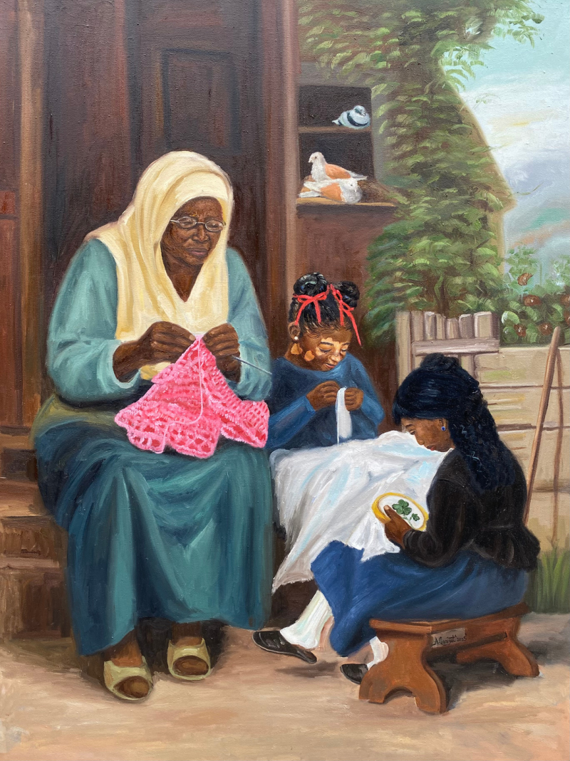 'At Meemaws Place 1' figurative oil painting by artist Ganiyat Abdulazeez, 48x36 inch, on canvas