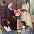 'At Meemaws Place 2' figurative oil painting by artist Ganiyat Abdulazeez, 48x36 inch, on canvas