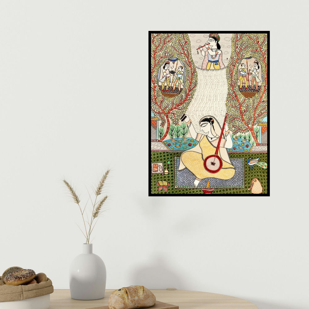 Avinash Karn's 'Meera Bai (Divine Symphony)' painting visualized above a sofa in a contemporary room.