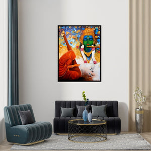 Preview of 'Meera Ke Krishna (Krishna and Devotee)' Painting by Arjun Das shown on a wall in a furnished room.