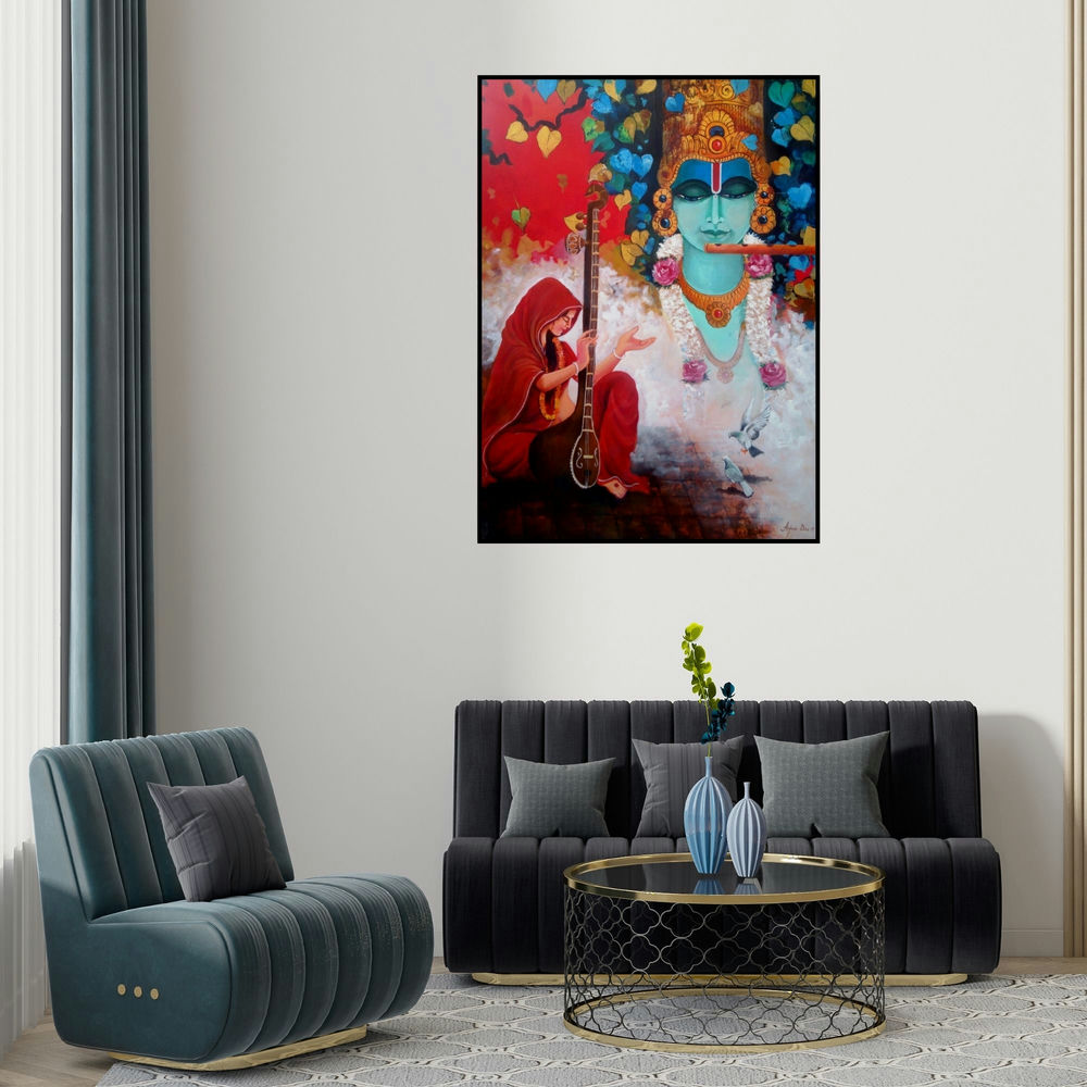 Arjun Das's 'Meera Ke Krishna 3' painting visualized above a sofa in a contemporary room.