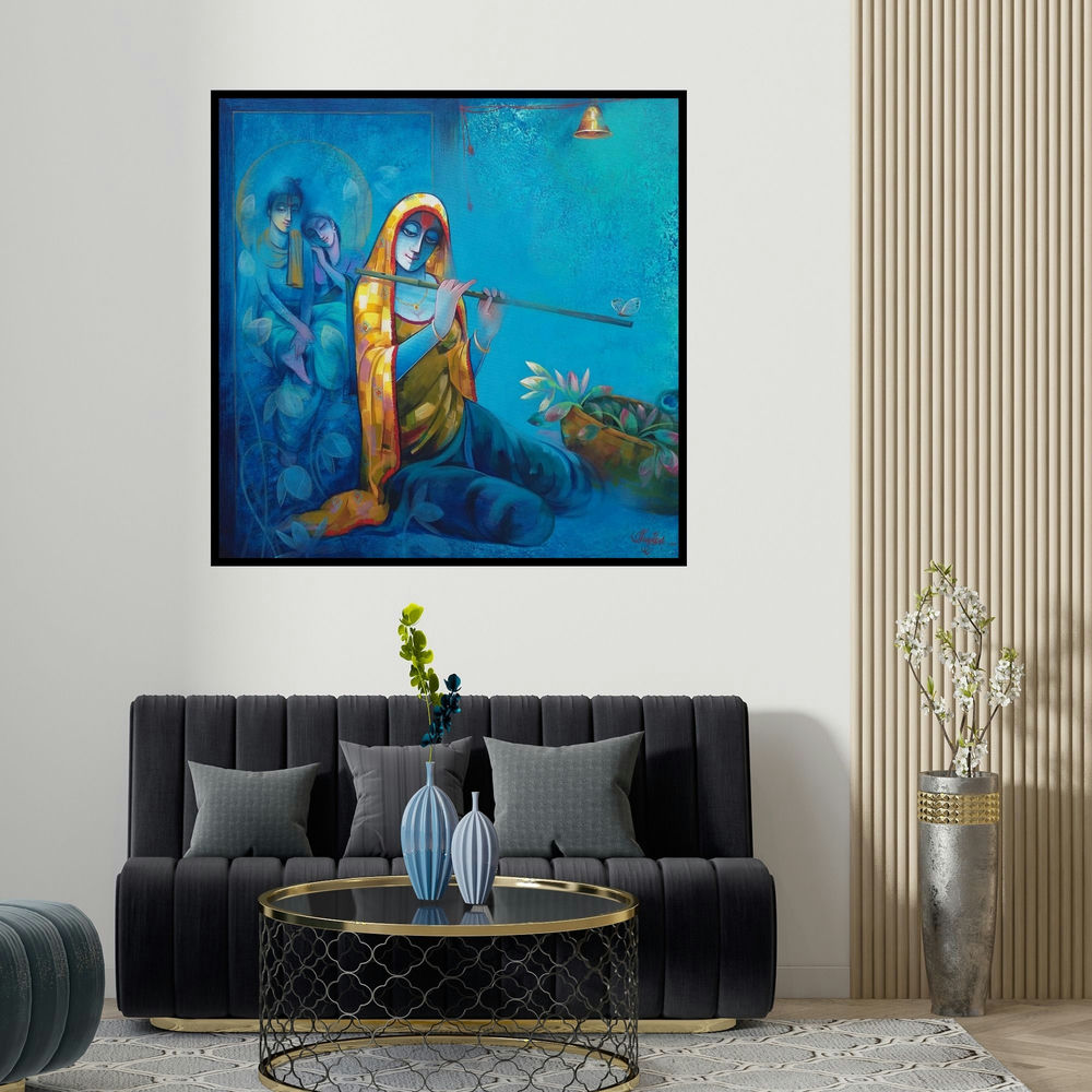Ram Onkar's 'Meera With Krishna' painting visualized above a sofa in a contemporary room.