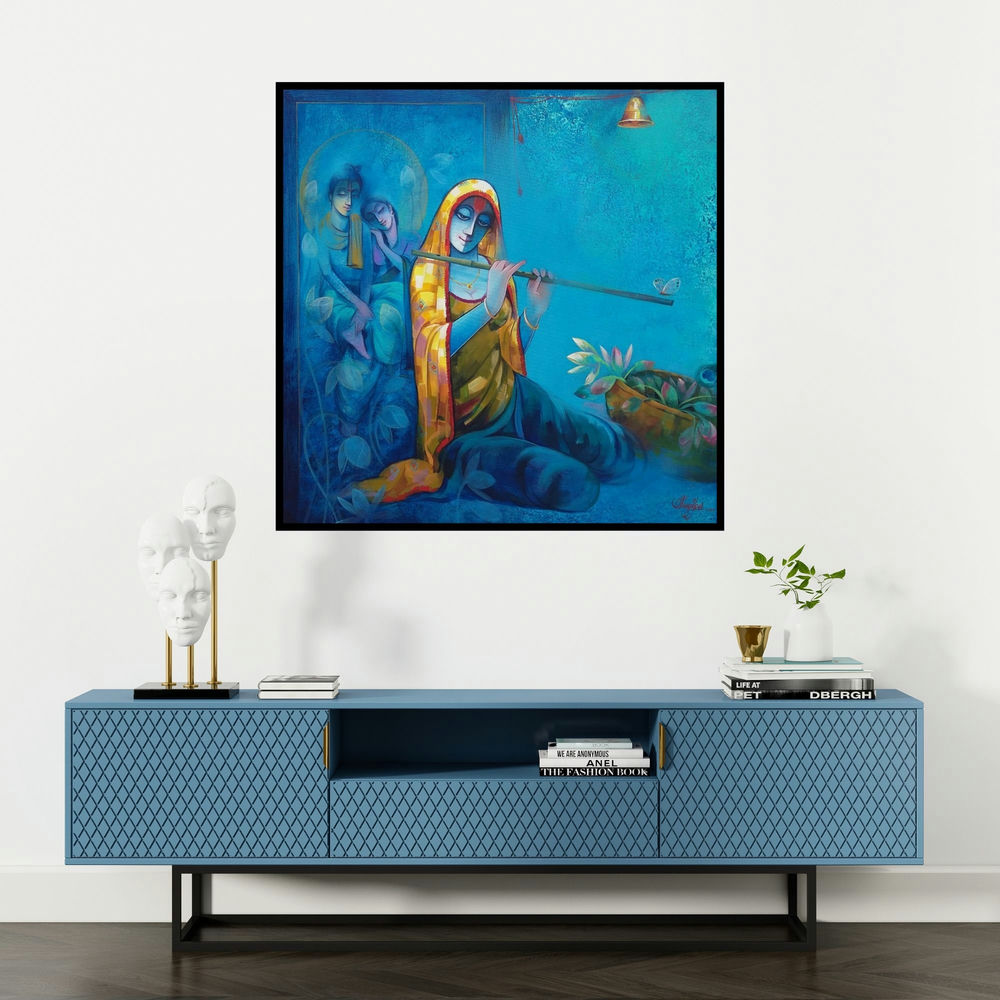 'Meera With Krishna' painting by Ram Onkar shown on a wall in a furnished room.