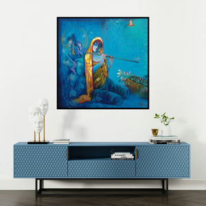 'Meera With Krishna' painting by Ram Onkar shown on a wall in a furnished room.