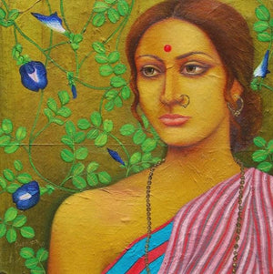 Megh Balika by Suparna Dey, Original Oil Figurative Painting on Canvas, X-Small Square Wall Art