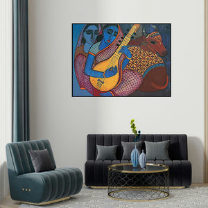 Mamta Mondkar's 'Megh Malhar (Raga Reverie: A Symphony in Blue)' painting visualized above a sofa in a contemporary room.