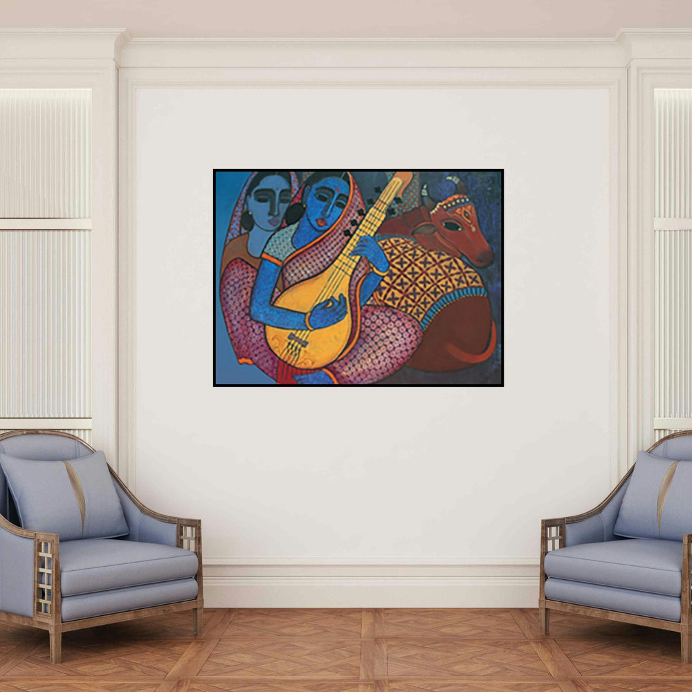 'Megh Malhar (Raga Reverie: A Symphony in Blue)' painting by Mamta Mondkar shown on a wall in a furnished room.