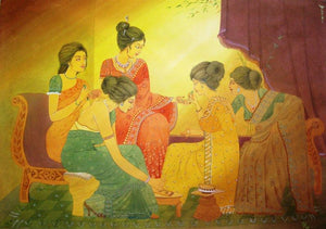 Mehendi (A Glimpse into the Past) by Rina Roy, Original Watercolor Figurative Painting on Paper, Medium Horizontal Wall Art