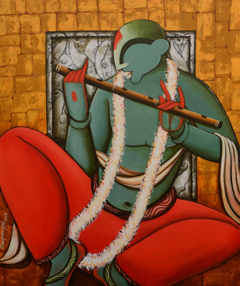 Melodic Breath' figurative acrylic painting by artist Anupam Pal, 36x30 inch, on canvas