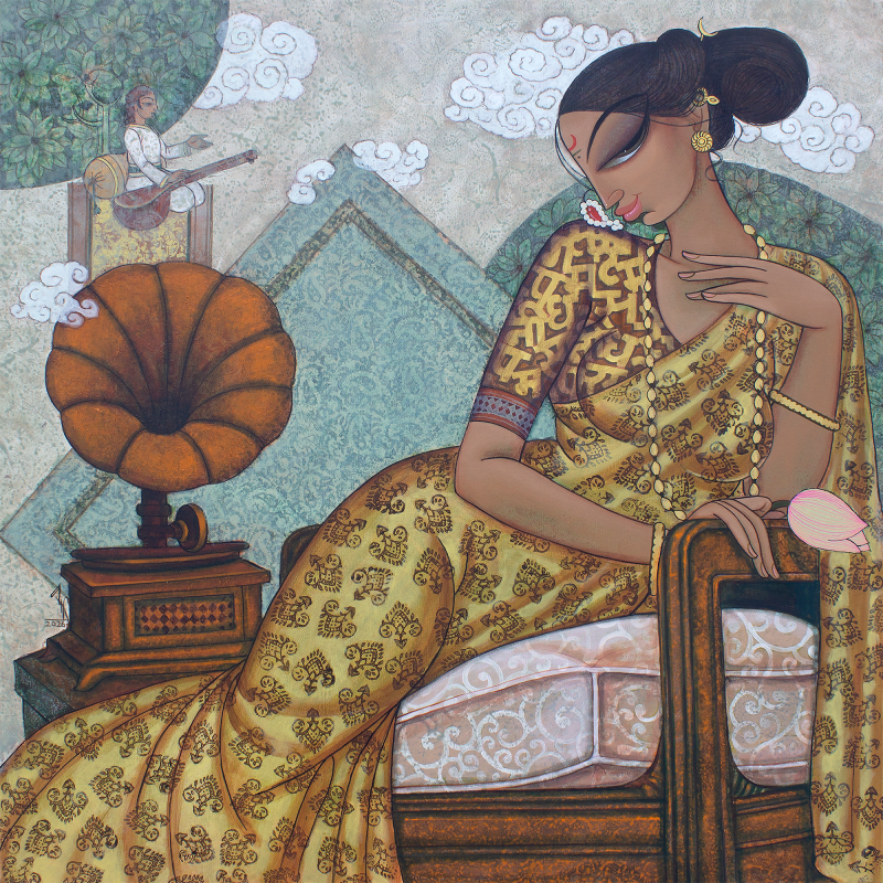 The Melodic Echo' figurative acrylic painting by artist Varsha R Kharatmal, 36x36 inch, on canvas