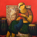 The Melodic Horn' figurative acrylic painting by artist Anupam Pal, 36x36 inch, on canvas