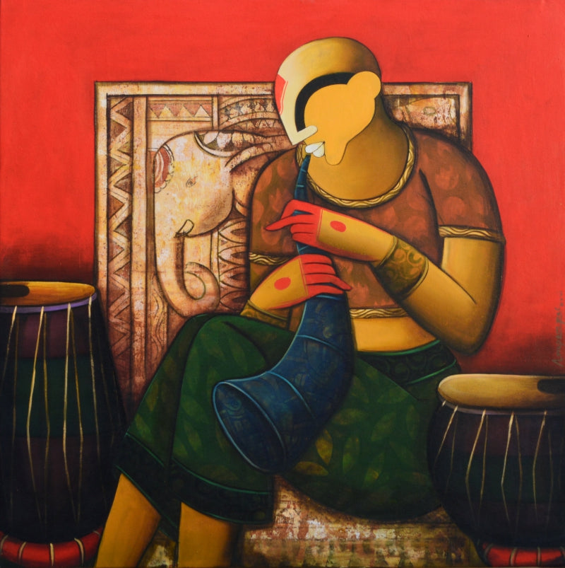 The Melodic Horn' figurative acrylic painting by artist Anupam Pal, 36x36 inch, on canvas