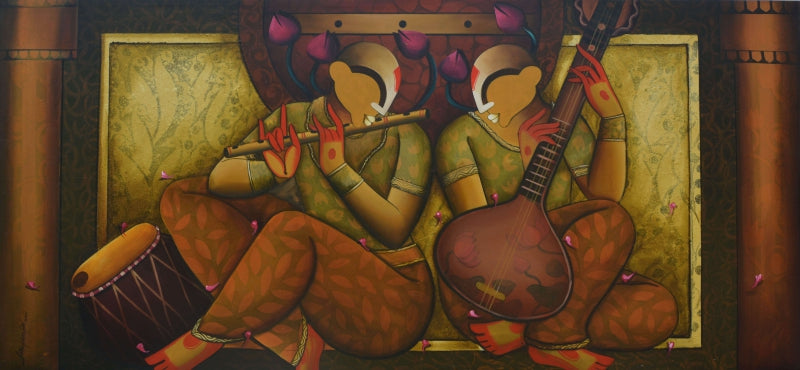 Melodic Synchrony' figurative acrylic painting by artist Anupam Pal, 36x78 inch, on canvas