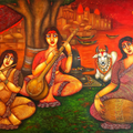 'Melodies Of The Sacred Ghat' figurative acrylic painting by artist Piyali Sarkar, 30x40 inch, on canvas