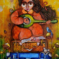 Melodies In A Suitcase A Nomad Lullaby' figurative acrylic painting by artist Sharmi Dey, 40x20 inch, on canvas
