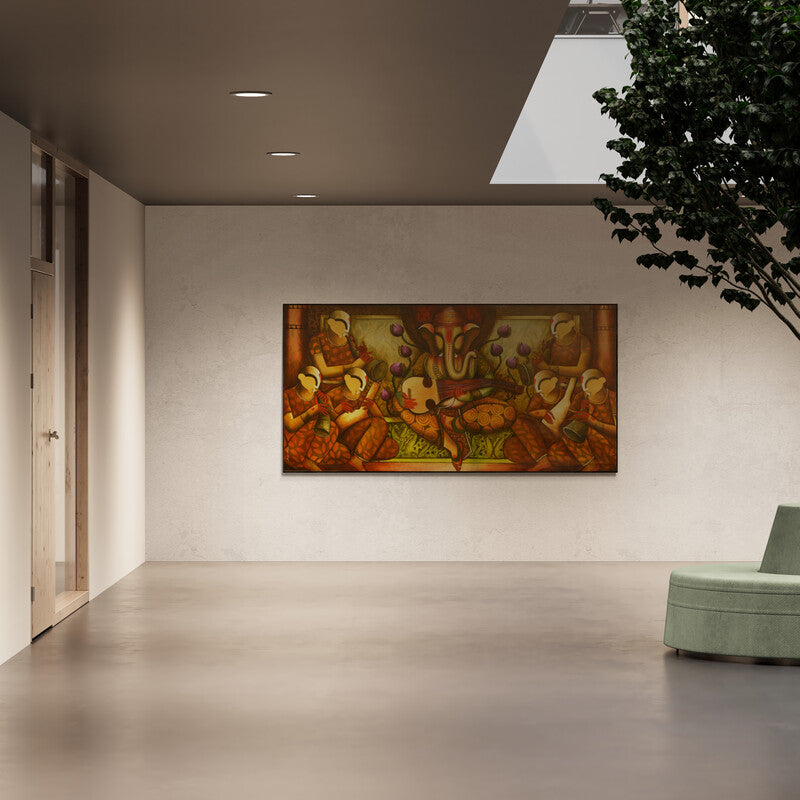Anupam Pal's painting 'Melody Of The Divine (Ganesha's Symphony)' displayed in a modern living room setting