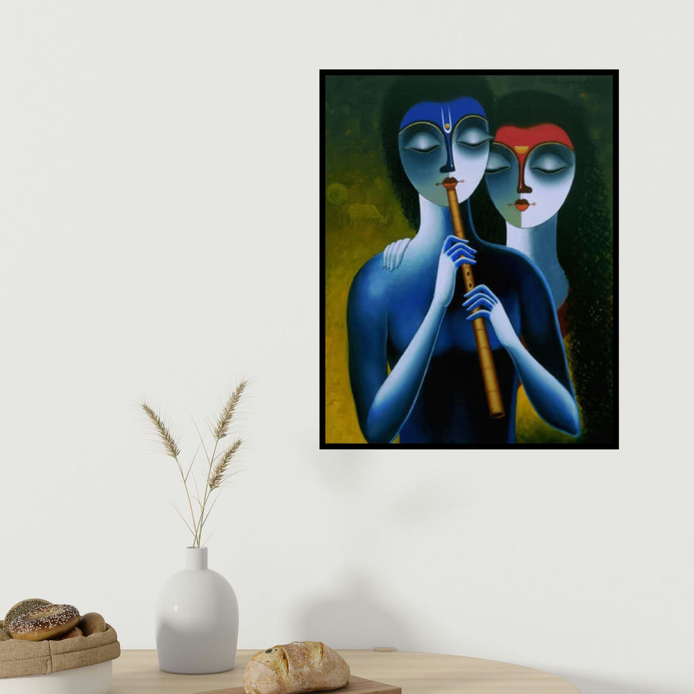 Santosh Chattopadhyay's 'Melody Ii' painting visualized above a sofa in a contemporary room.