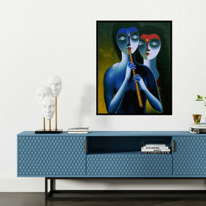 'Melody Ii' painting by Santosh Chattopadhyay shown on a wall in a furnished room.