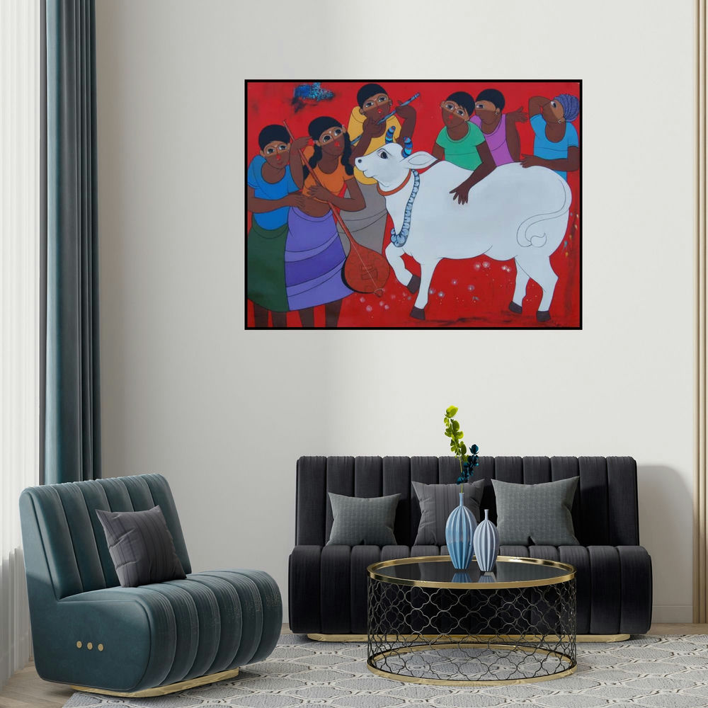 Dnyaneshwar Bembade's 'Memorable' painting visualized above a sofa in a contemporary room.