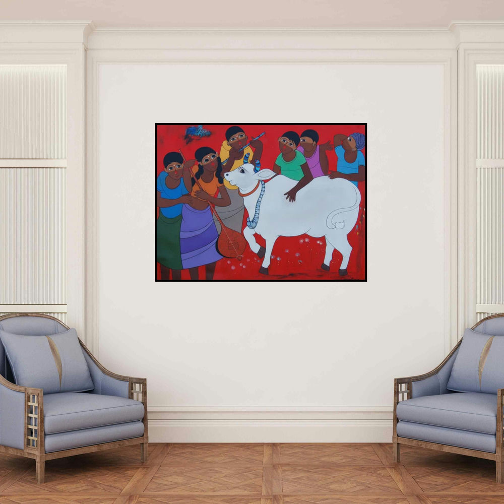 'Memorable' painting by Dnyaneshwar Bembade shown on a wall in a furnished room.