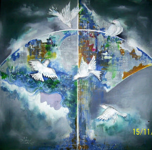 In-situ view of Shiv Kumar Soni's 'Memories Of The Childhood Iv' painting in a room