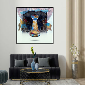 Ramchandra Kharatmal's 'Memories (Rook)' painting visualized above a sofa in a contemporary room.