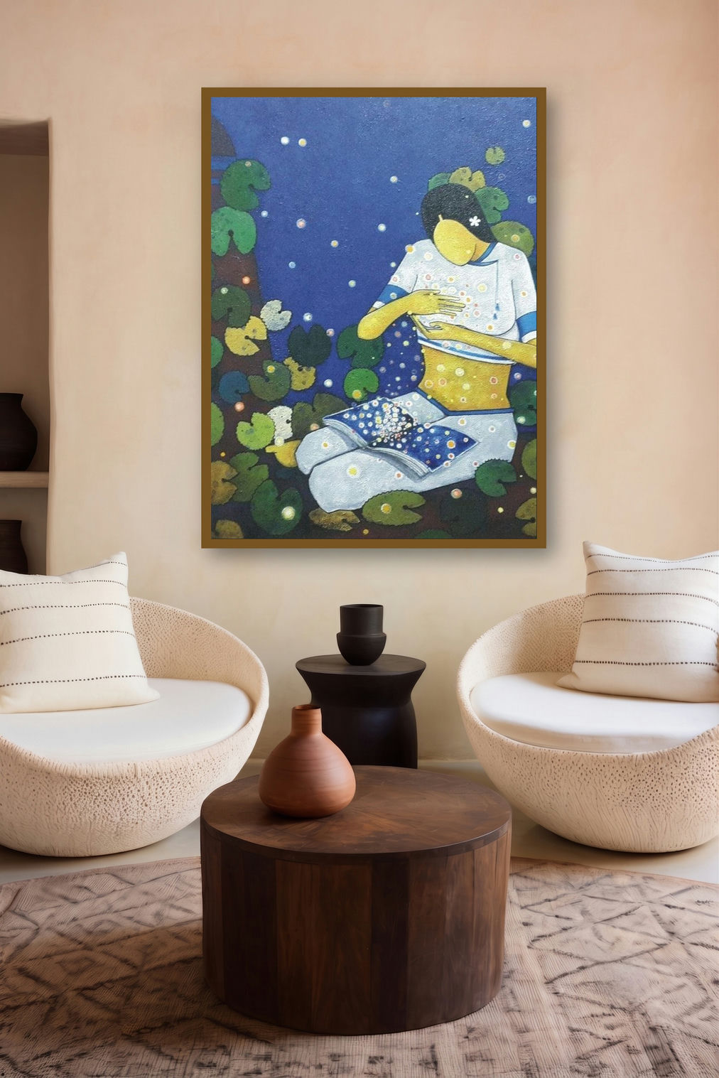Memory (Woman Reading by artist Moonlight) by artist Sujit Giram displayed in a Minimalist gallery