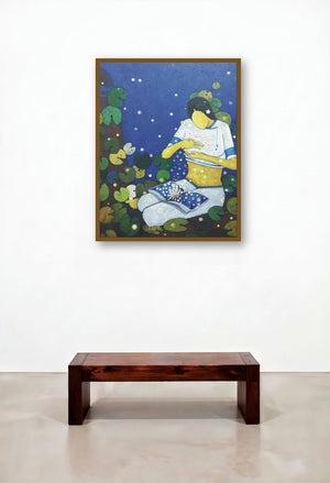 Memory (Woman Reading by artist Moonlight) by artist Sujit Giram displayed in a Mid-Century Modern Dining Room