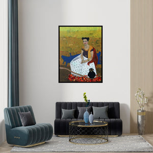 Preview of 'Mere Liye Saadi Leke Aana' Painting by Himanshu Lodwal shown on a wall in a furnished room.