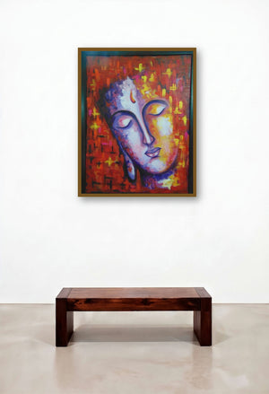 Merge (Abstract Buddha) by artist Purnima Gupta displayed in a Japandi Reception Area