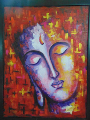Merge (Abstract Buddha) by Purnima Gupta, Original Acrylic Expressionist Painting on Canvas, Medium Vertical Wall Art