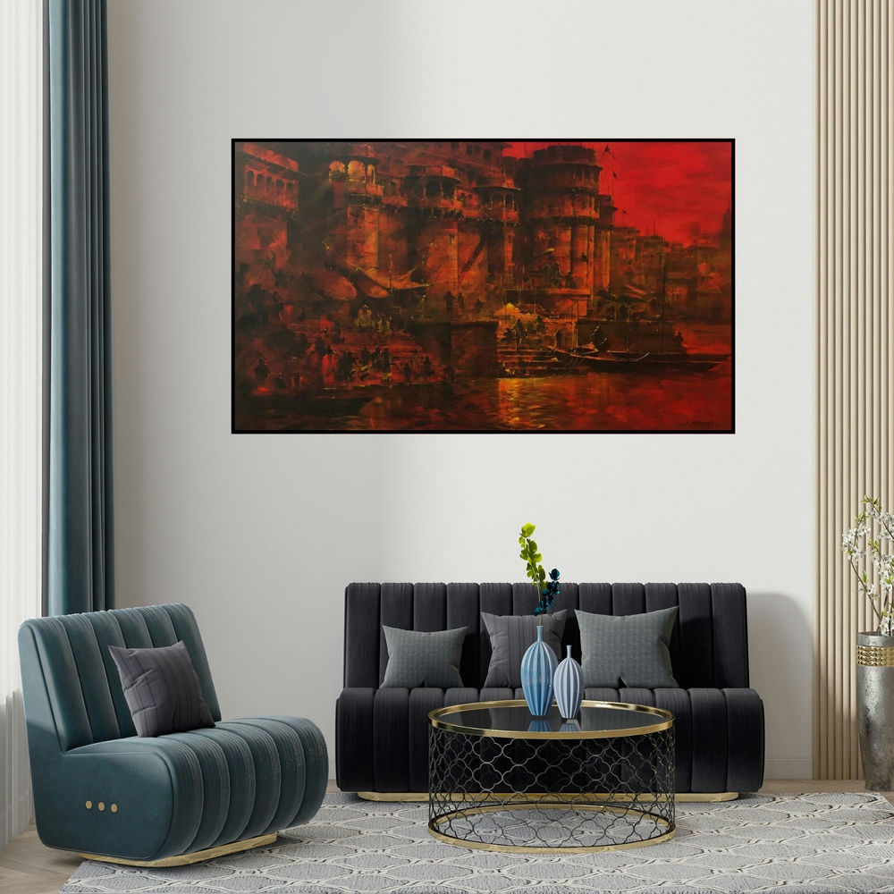 Sandeep Chhatraband's 'Meri Kashi 3 (Crimson Dawn)' painting visualized above a sofa in a contemporary room.